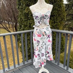 Tropical Floral tie front cutout Ruffle Dress sz M